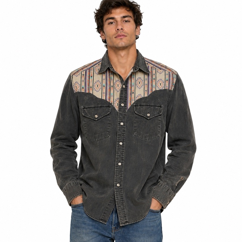 Rock Creek Ranch Mens Western Shirt Faded Black Southwestern Yoke Cowboy L
